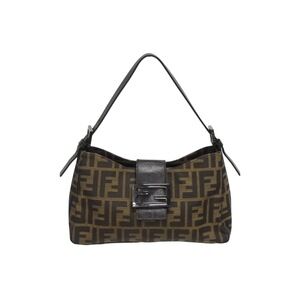 FENDI Mamma Bucket One Shoulder Hobo Bag Zucca Canvas Leather Brown